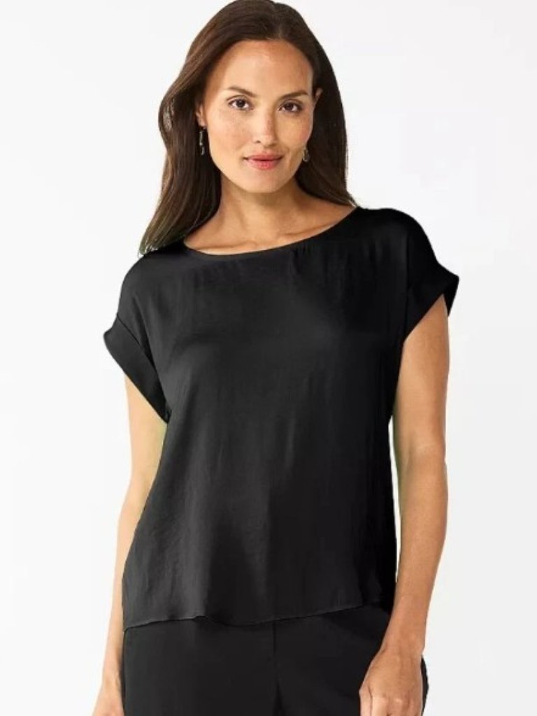 Nine West Womens Xs Black Cuffed Short Sleeve Scoop Neck Top Blouse Nwt